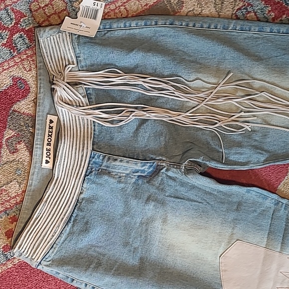 NWT Y2K JOE BOXER PATCHWORK FLARE JEANS WITH FRINGE BELT - Picture 4 of 11